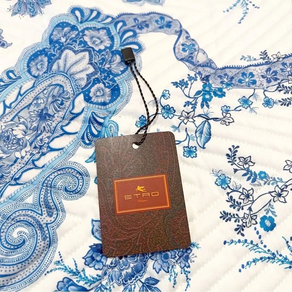 ETRO Home Loures Queen Quilted Bedspread, Paisley White & Blue, NWT